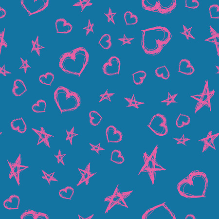 Blue and pink doodle hearts and stars seamless pattern. Hand drawn vector graphic desighn.のイラスト素材