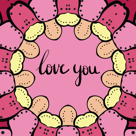 Love you lettering on a colorful doodle background. Vector graphic designのイラスト素材