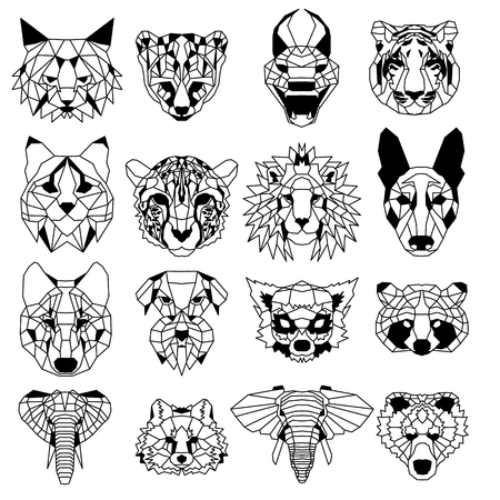 Set of sixteen low polygonal portraits of animals. Nice vector graphic illustration.のイラスト素材