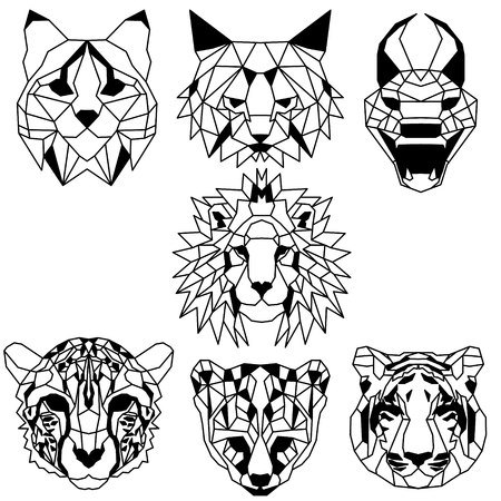 Set of seven domestic and wild low polygonal cats. Nice vector graphic illustration.のイラスト素材