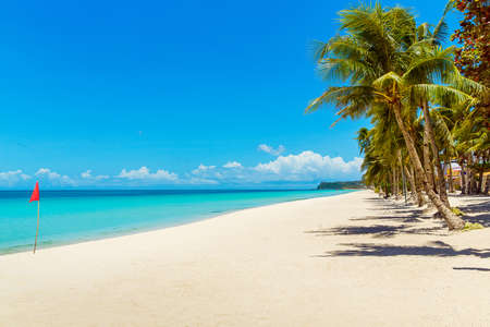 Beautiful landscape of tropical beach on Boracay island, Philippines under lockdoun. Coconut palm trees, sea, sailboat and white sand. Nature view. Summer vacation concept.の写真素材
