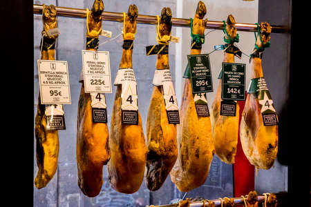 Barcelona, Catalonia, Spain, September 22, 2019. Jamon, a traditional Spanish delicacy, raw-cured...