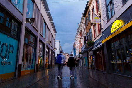 Breda, The Netherlands, Europe - October 1, 2019. Unknown people walking thru shopping street of a...
