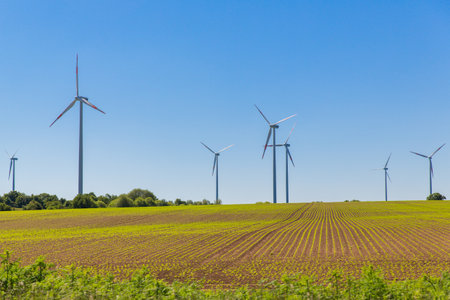 The huge blades of a wind power generator. Wind turbines at countryside of germany