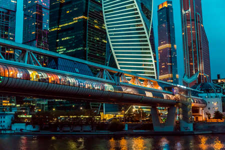 Moscow, Russia, August 20, 2021 Night urban time lapse of Moscow-city downtown business center with tall buildings. Cityscape of illuminated city.の写真素材