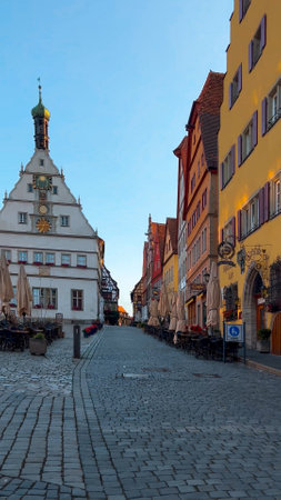 German traditional architecture half-timbered houses in historical center Rothenburg ob der Tauber, Bavaria, Middle Franconia, Germany, July 17, 2023.の写真素材