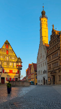 German traditional architecture half-timbered houses in historical center Rothenburg ob der Tauber, Bavaria, Middle Franconia, Germany, July 17, 2023.の写真素材