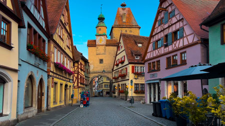 German traditional architecture half-timbered houses in historical center Rothenburg ob der Tauber, Bavaria, Middle Franconia, Germany, July 17, 2023.の写真素材