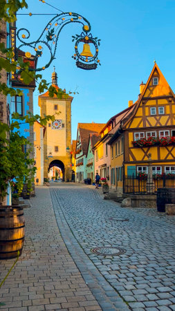 German traditional architecture half-timbered houses in historical center Rothenburg ob der Tauber, Bavaria, Middle Franconia, Germany, July 17, 2023.の写真素材