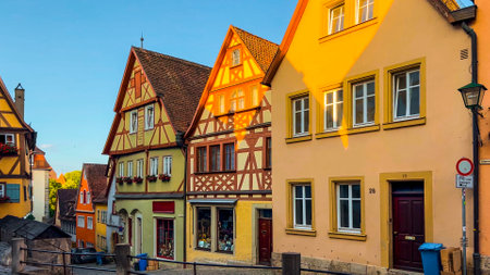 German traditional architecture half-timbered houses in historical center Rothenburg ob der Tauber, Bavaria, Middle Franconia, Germany, July 17, 2023.の写真素材