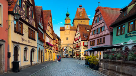 German traditional architecture half-timbered houses in historical center Rothenburg ob der Tauber, Bavaria, Middle Franconia, Germany, July 17, 2023.の写真素材