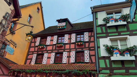 Christmas and New Year street decorations Christmas market Riquewihr or Reichenweier, Alsace, France December 25, 2023.の写真素材