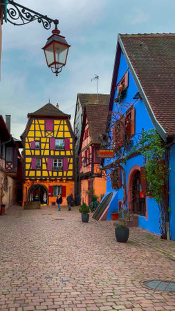 Christmas and New Year street decorations Christmas market Riquewihr or Reichenweier, Alsace, France December 25, 2023.の写真素材