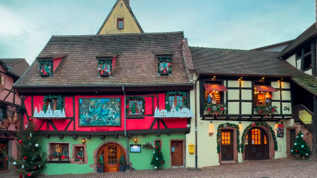 Christmas and New Year street decorations Christmas market Riquewihr or Reichenweier, Alsace, France December 25, 2023.の写真素材