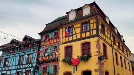 Christmas and New Year street decorations Christmas market Riquewihr or Reichenweier, Alsace, France December 25, 2023.の写真素材