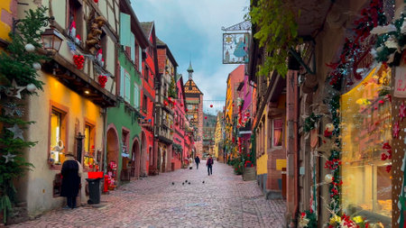 Christmas and New Year street decorations Christmas market Riquewihr or Reichenweier, Alsace, France December 25, 2023.の写真素材