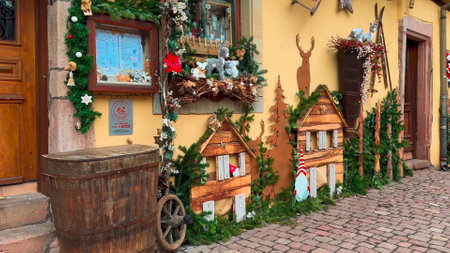 Christmas and New Year street decorations Christmas market Riquewihr or Reichenweier, Alsace, France December 25, 2023.の写真素材