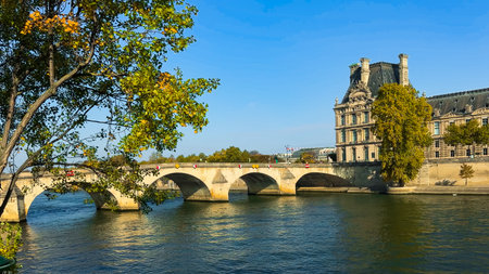 View of the bridge along the Seine River in autumn. Historic city center, Paris, France, October 14, 2025の写真素材