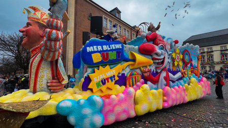 Colourful floats at Rosenmontag parade at carnival in Dusseldorf, North Rhine-Westphalia, Germany,...