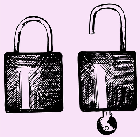 open and closed lock, set, doodle styleのイラスト素材