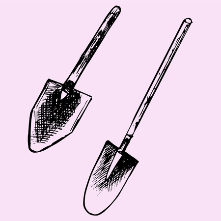 set of garden spades, shovel, doodle style, sketch illustrationのイラスト素材