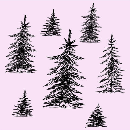 set of Christmas trees, pine trees, doodle style, sketch illustrationのイラスト素材