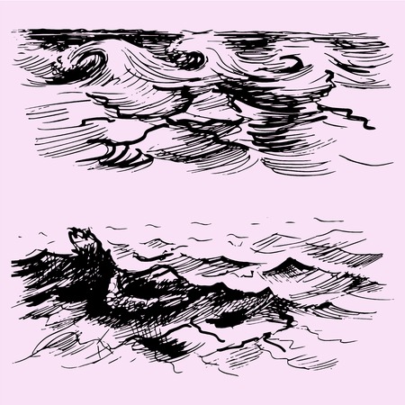 set of the sea or ocean wave, doodle style, sketch illustrationのイラスト素材