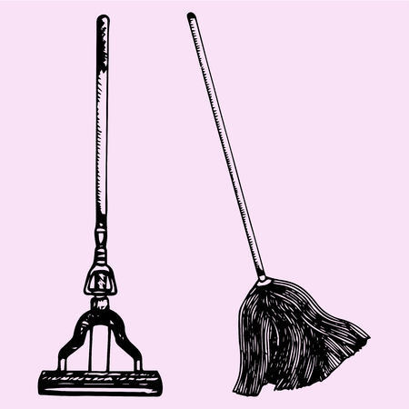 set mop for cleaning, doodle style, sketch illustrationのイラスト素材