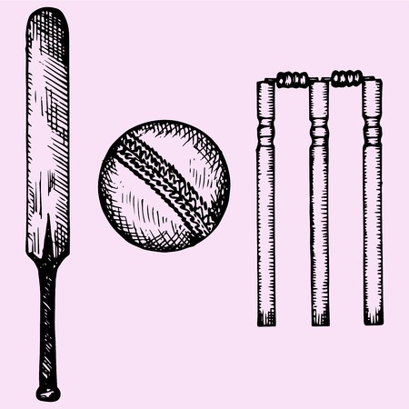 Set of equipment for cricket: bat, ball, wicket, doodle style, sketch illustration, hand drawn, vectorのイラスト素材