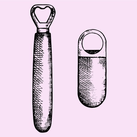 set of bottle opener, hand drawn, doodle style, sketch illustrationのイラスト素材