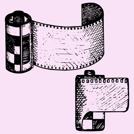 photo film in cartridge, camera film roll, set, doodle style, sketch illustration, hand drawn, vectorのイラスト素材