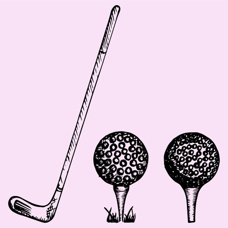 Golf club and ball, set, playing golf, doodle style, sketch illustration, hand drawn, vectorのイラスト素材