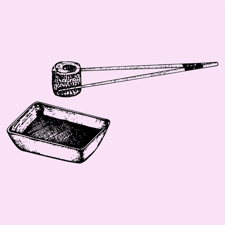 soy sauce, japanese condiment, sushi, roll with chopsticks, doodle style, sketch illustrationのイラスト素材