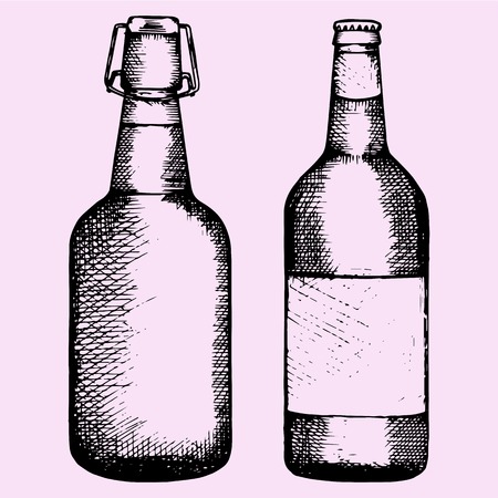 set bottle of beer, hand drawn, doodle style, sketch illustrationのイラスト素材
