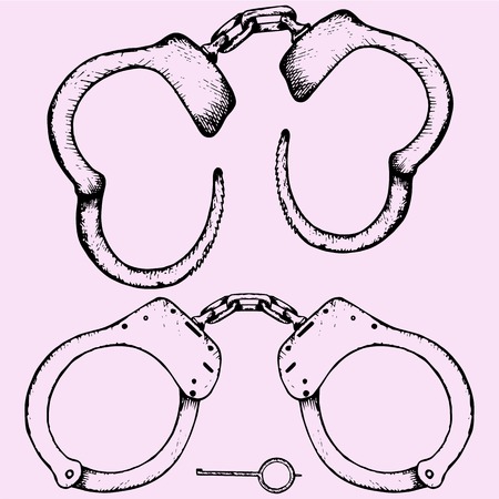 Metal police handcuffs doodle style sketch illustration hand drawn vectorのイラスト素材