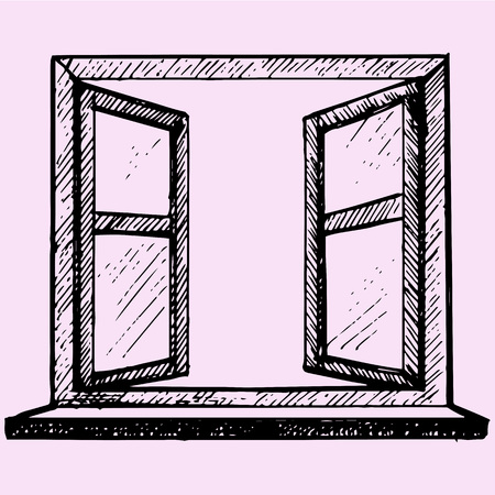 opened blank window frame doodle style sketch illustration hand drawn vectorのイラスト素材