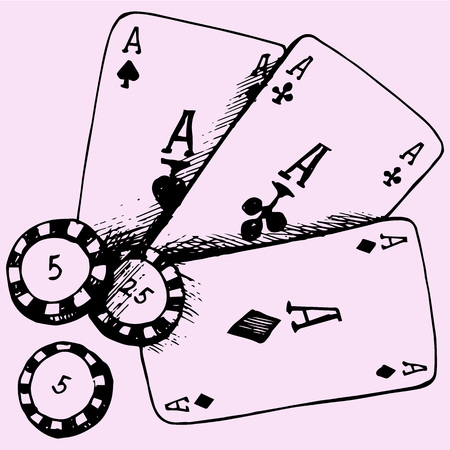 casino theme playing chips poker cards doodle style sketch illustration hand drawn vectorのイラスト素材