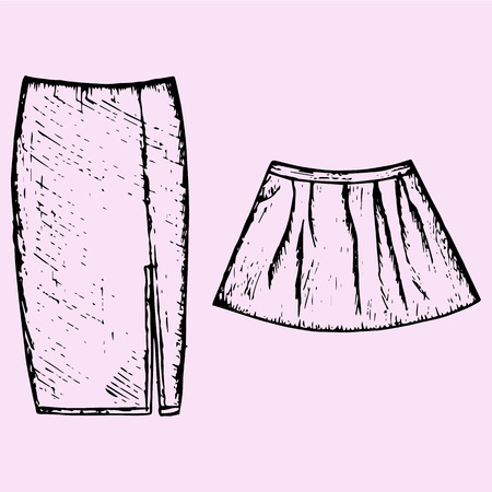 set of women's skirt, doodle style, sketch illustration, hand drawn, vectorのイラスト素材