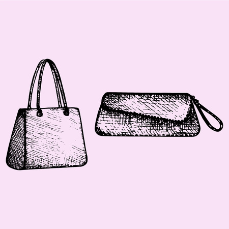 Women's handbags and clutch bag, set, doodle style, sketch illustration, hand drawn, vectorのイラスト素材