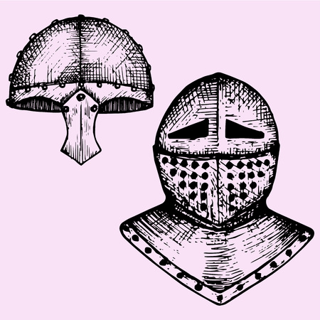set iron helmet medieval knight doodle style sketch illustration hand drawn vectorのイラスト素材
