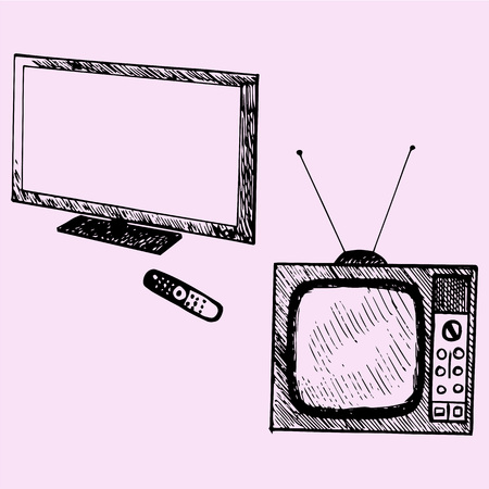 Old TV modern TV and remote control, doodle style sketch illustration hand drawn vectorのイラスト素材