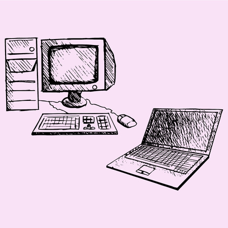 retro desktop computer with monitor, keyboard and mouse, laptop, doodle style sketch illustration hand drawn vectorのイラスト素材