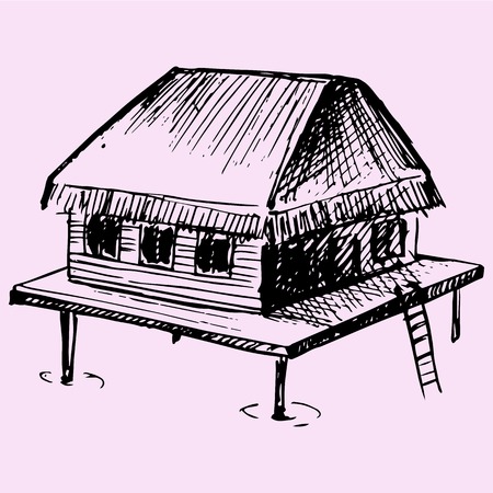 bungalow doodle style sketch illustration hand drawn vectorのイラスト素材