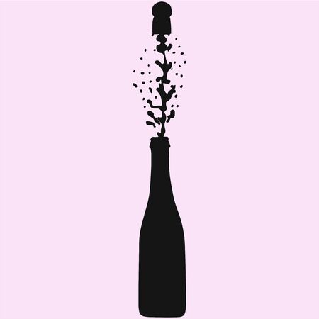 champagne bottle explosion with cork and splashes realistic vector silhouette isolatedのイラスト素材