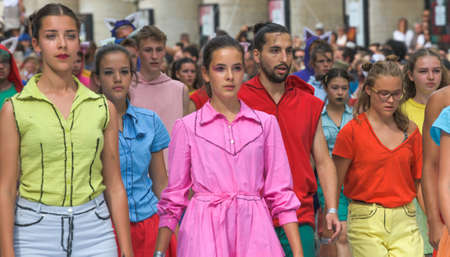 Lyon / France - September 16 2018: Biennial dance parade, colored groups parade in the streets of Lyonのeditorial素材
