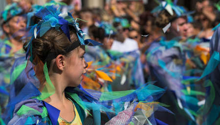 Lyon / France - September 16 2018: Biennial dance parade, colored groups parade in the streets of Lyonのeditorial素材