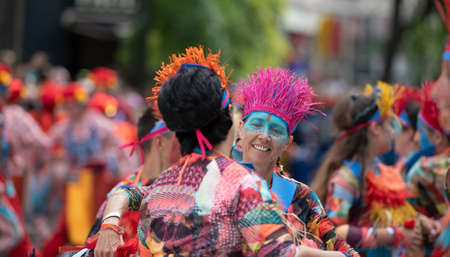 Lyon / France - September 16 2018: Biennial dance parade, colored groups parade in the streets of Lyonのeditorial素材
