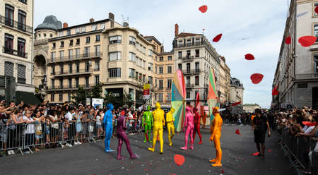 Lyon / France - September 16 2018: Biennial dance parade, colored groups parade in the streets of Lyonのeditorial素材