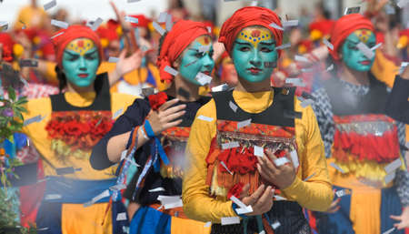 Lyon / France - September 16 2018: Biennial dance parade, colored groups parade in the streets of Lyonのeditorial素材