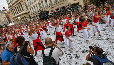 Lyon / France - September 16 2018: Biennial dance parade, colored groups parade in the streets of Lyonのeditorial素材